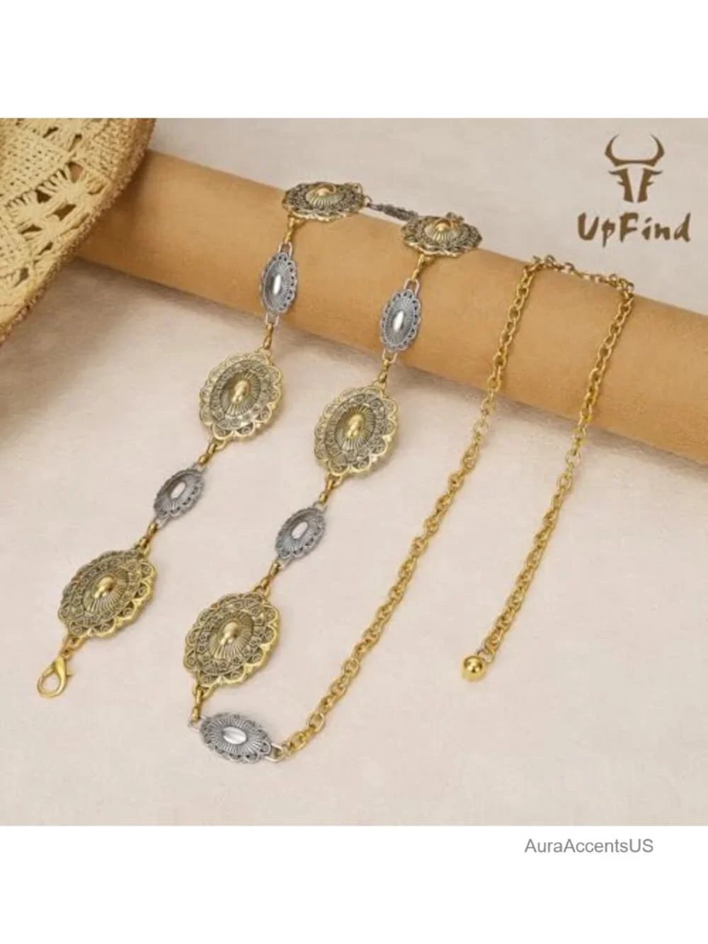 Western Concho Chain Belt Metal Cowgirl Waist for Jeans Dresses Concert Boho